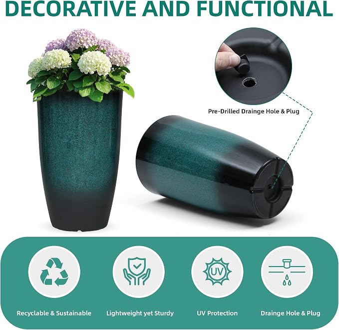Autodaya 23.8" Tall Outdoor Planters Set of 2, Ceramic-Look Large Plastic Flower Pots with Drainage Holes, Gradient Turquoise Indoor Outdoor Plant Pots for Porch Patio Balcony Garden Home Decor
