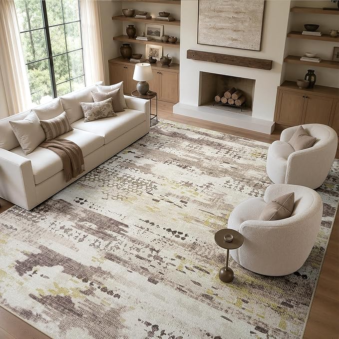 DCX Washable Abstract Area Rug 8x10, Non Slip Low Pile Rug, Brown | Easy to clean, non-shedding, soft, kid & pet friendly, with a non-slip rubber backing for living rooms, bedrooms, and offices