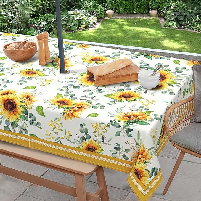 Outdoor Tablecloth with Umbrella Hole and Zipper, Rectangle Patio Table Covers for Spring/Summer, Machine Washable Outdoor Picnic Table Cloth (Sunflower, 60" × 84" Rectangular)
