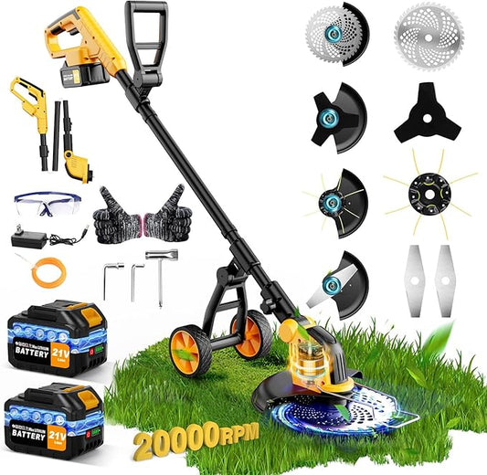 20000 RPM Heavy Duty Stringless Weed Wacker Edger, Cordless Electric Weed Eater Battery Powered 6000mAh, Brush Cutter Lawn Tool/Weed Trimmer/Grass Trimmer W/Wheel Metal Blade, 2 Battery