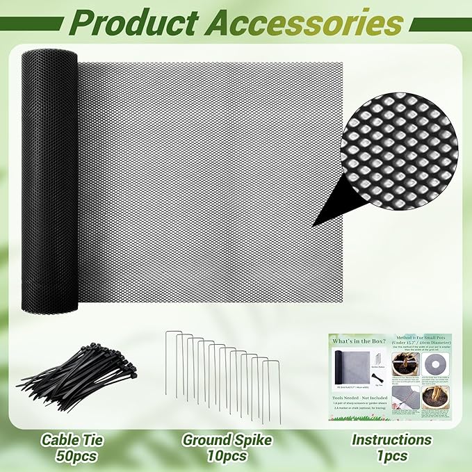 Cuttable Plant Pot Grid,15.7" W x 63" L Plant Pot Soil Covers Protectors from Animals,Black Cat Proof Houseplant Protector with Cable Ties & Ground Spikes,Fits All Pot Shapes