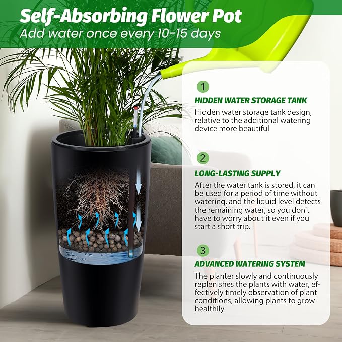 Garvee Tall Planters for Outdoor Plants, 30 in Large Planters Set of 2, Outdoor & Indoor Planters with Water Level Monitor ＆ Inner Bucket, Automatic Watering, for Porch, Patio, Backyard, Black