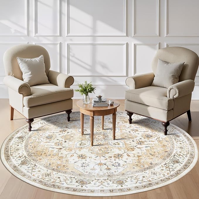 AMADA HOMEFURNISHING Round 8ft Area Rugs, Low-Profile Washable Rug with Non-Slip Backing & Durable Edge Binding, Vintage Rugs for Living Room, Bedroom, Dinning Room