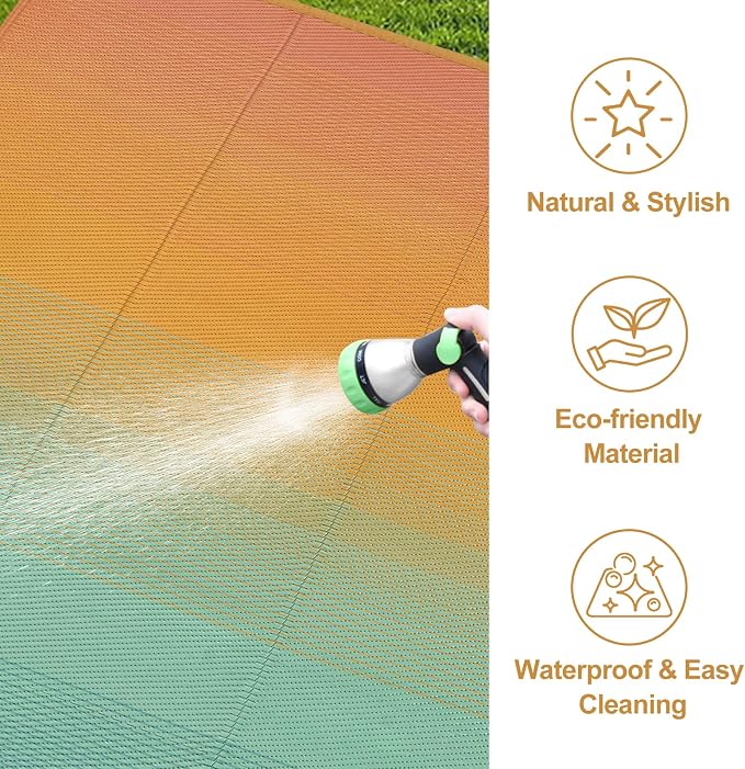 Lahome Outdoor Patio Rug Waterproof 6x9 Outside, Plastic Straw Rug Reversible Rv Mat,Large Porch Floor Carpets,Lightweight Portable Camping Carpet for Deck Balcony Tent, Blue-Orange 6x9