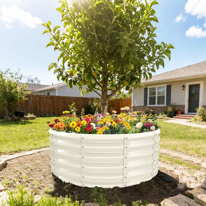 YSEJOMP 17" Tall Round Outdoor Garden Raised Garden Bed Kits-0.8MM Thick Metal Raised Planter Bed/Ground Planter Box for Variety of Flowers,Herbs,Vegetables,Trees (Cream White, 40 Dia X 16.5 inches)