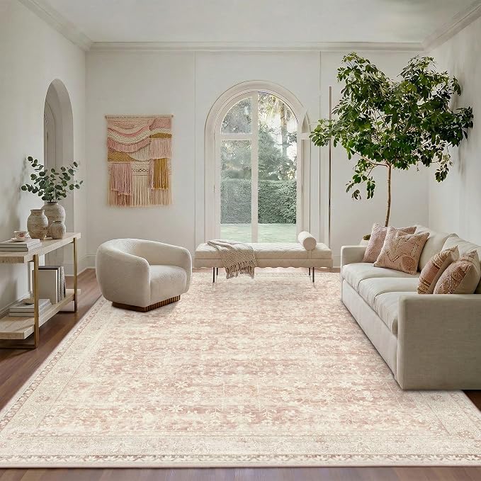 Latte&Fog 8x10 Area Rugs for Living Room Washable Large Pink Rugs Cute | Non Slip Low Pile Soft Floral Carpet for Girls Bedroom Dining Kitchen Kids Playroom Nursery Classroom Dorm Farmhouse Office