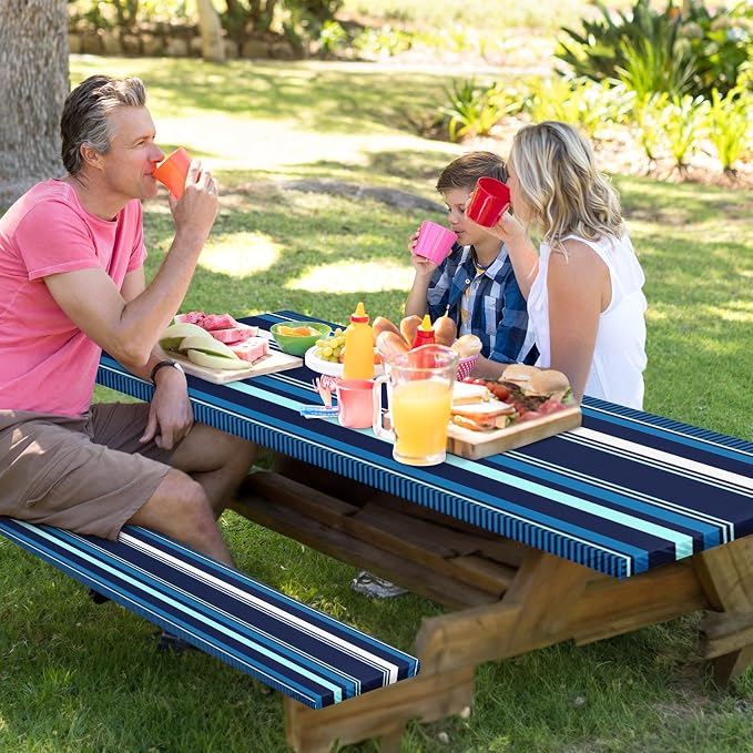 Picnic Table Cover with Bench Covers Elastic Edges, Blue Stripes Camper Fitted Table Cover, Outdoor Patio Camping Essentials 72 Inch 3PCS, Waterproof Camping Fitted Tablecloth with Drawstring Bag