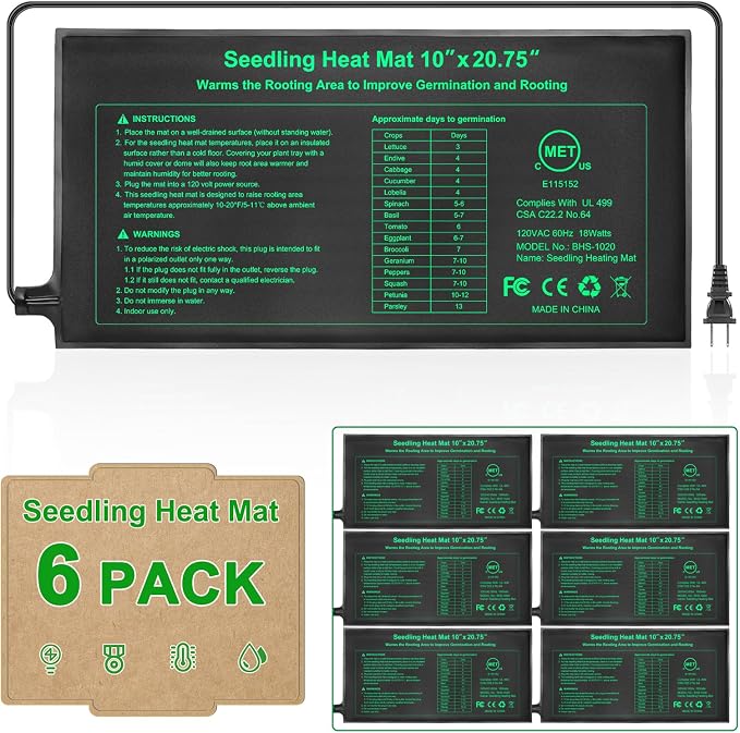 GOLOPET Seedling Heat Mat 6 Pack Dual Certified by MET and UL Plant Heating Mat Pad with Power Failure Protection Thermostatic Waterproof Suitable for Seedlings