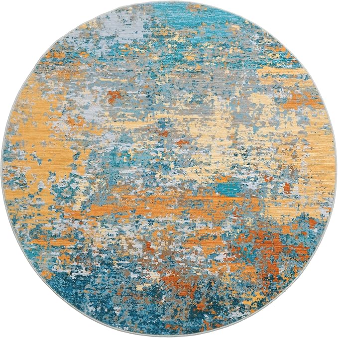ROYHOME Modern Abstract 4x4 Round Area Rug Non Slip, Multi Color | Non Shedding Rug Low Pile Stain Resistant for Bedroom Living Room office Dining Room