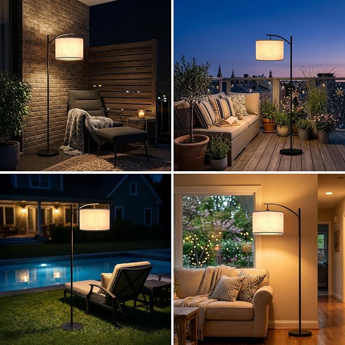 Candieslife Solar Outdoor Floor Lamp for Patio, Cordless Arc Standing Lamp with Heavy Base & Weatherproof Shade, Waterproof Solar Powered Light for Deck, Porch, Garden, Balcony Decor