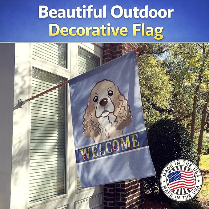 Caroline's Treasures BB1402CHF Cocker Spaniel Welcome House Flag, Blue Large Porch Sleeve Pole Decorative Outside Yard Banner Artwork Wall Hanging, Polyester, House Size, Multicolor