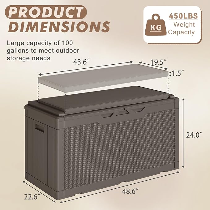 Devoko 100 Gallon Deck Box, Waterproof Resin Outdoor Storage Box with Cushion for Outside and Patio, Large Outdoor Storage Bench Cabinet Lockable for Patio Furniture and Garden Tools (Deep Brown)