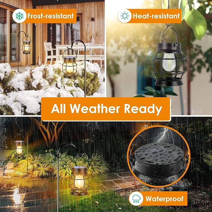 TomCare Solar Lanterns Lights Outdoor Waterproof Metal Hanging Solar Lights Lantern for Outdside Decorative Patio Porch Garden Lawn, 2 Pack (Warm White)