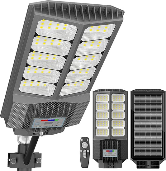 loyoele Solar Street Light with Pole Mount, Dusk-to-Dawn Outdoor LED, 300000 LM, 7000K IP67 Waterproof, Adjustable Modes, for Yard, Parking Lot, Street, Pathway