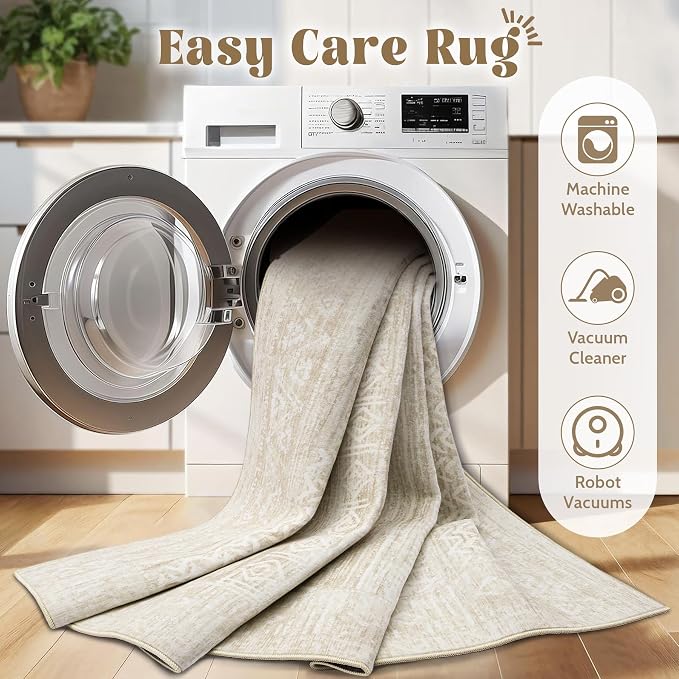 Living Room Rugs 10x14: Washable Moroccan Geometric Boho Rug Farmhouse Non Slip Stain Resistant Large Rug Low Pile Soft Carpet for Bedroom Dining Room Kids Room (Ivory Beige,10'x14')