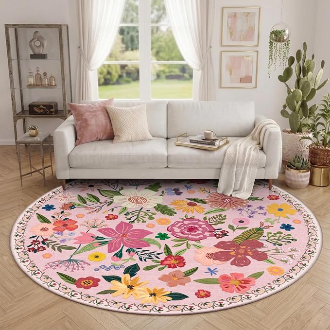 Latte&Fog 6ft Pink Round Area Rug for Girl Bedroom Washable Cute Circle Rug | Non Slip Low Pile Soft Floral Indoor Carpet for Living Room Kids Playroom Nursery Classroom Dorm Decor Dining Kitchen Office