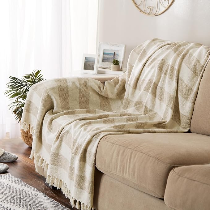 DII Rustic Farmhouse Cotton Cabana Striped Blanket Throw with Fringe, 50 x 60 - Cabana Striped Stone