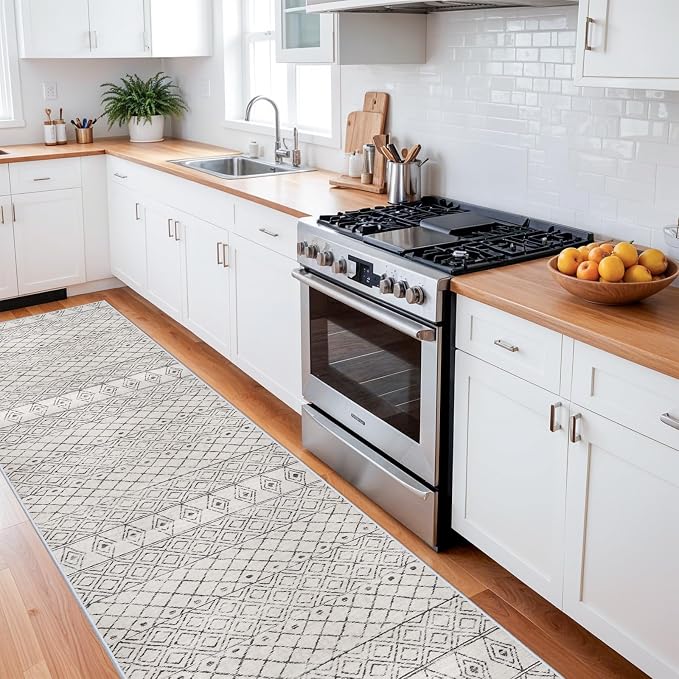 Washable 3x16 Long Hallway Runner:Non Slip Rug Geometric Grey | Low Pile Rug with Rubber Backing Floor Mat Moroccan Boho Indoor Carpet for Kitchen Bedroom Entryway
