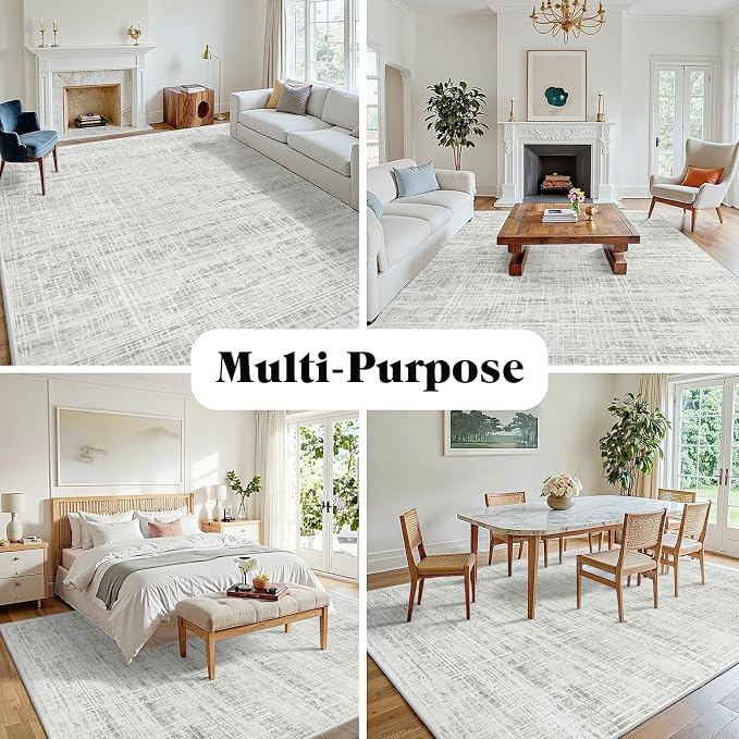 9x12 Washable Area Rug for Living Room Bedroom: Non-Slip Modern White Gray | Machine Washable TPR Backing, Stain-Resistant Low Pile, Pet & Kid Friendly, Abstract Decor for Dining Room, Dorm, Home Office