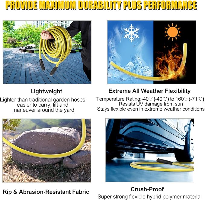 Garden Hose 50 ft Heavy Duty-Water Hose with 9 Way Spray Nozzle and Flexible 4 Layers Hybrid-3/4’’ Nickel Plated Brass Fittings-5/8’’ Inner Core-Lead-Free Outdoor Durable Lightweight Pipe Set
