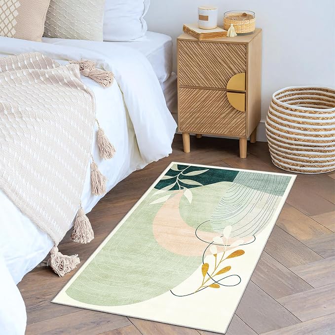 2x3 Washable Rug Small Area Rugs Non Slip Mid Century Modern | Throw Carpet for Bathroom Entryway Entry Entrance Bedroom Bedside Floor Indoor Boho Abstract Retro Geometric Green