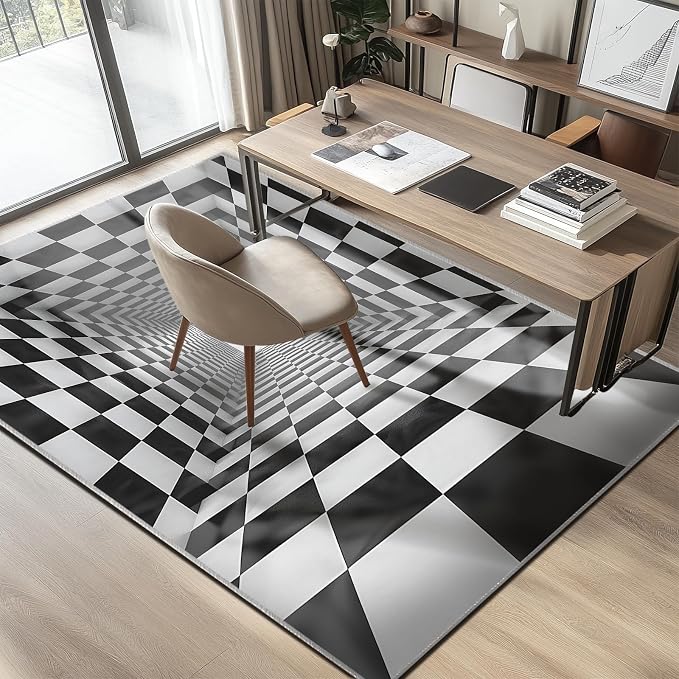 Boho Area Rug for Living Room Abstract 5x7 Entryway Rug Modern 3D Hole Trap Optical Visual Illusion Rugs Non Slip Low Pile Machine Washable Black White Floor Carpet for Indoor Bedroom Dining Room