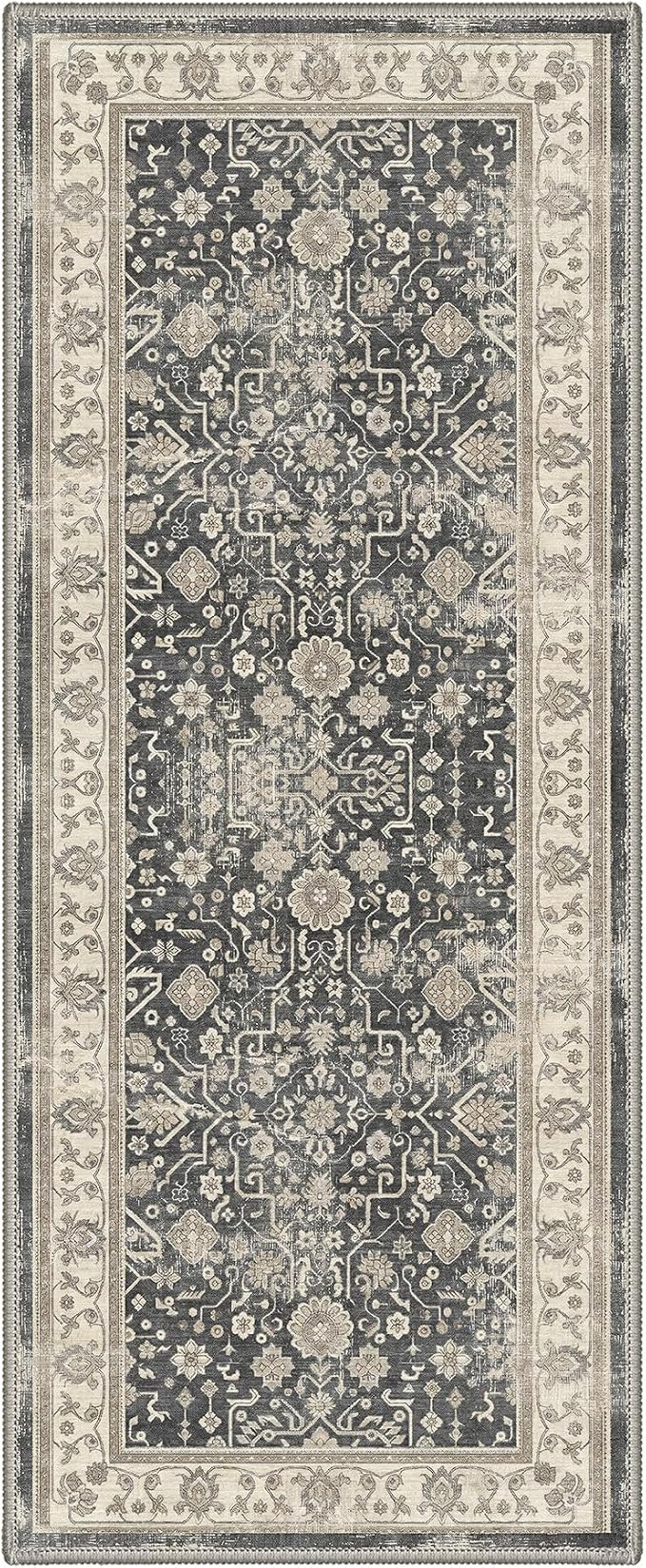 2X5 Washable Hallway Runner Rug, Boho Oriental Floral Non Slip | Dusty Charcoal Floral Runner, Soft Faux Wool Rug for Corridor Kitchen Entryway,Stain Resistant,Pet-Friendly,Non-Shedding