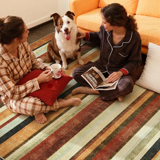 jinchan 5x7 Area Rug Modern Striped Washable Living Room Rug, Caramel Dusk | Non-Slip, Thin, Lightweight, Low Pile, Decor Carpet, Modern, Entrance, Entryway, Bedroom, Kitchen, Dining Room, Home Office