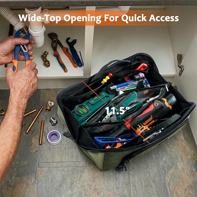 Tool Bag Organizer for Electrician & Technician, Portable Wide-Open Tool Tote with Multi Compartments, Heavy Duty Tool Storage Bag for HVAC, Plumbing, Garage & Home Repair Tools, Handyman
