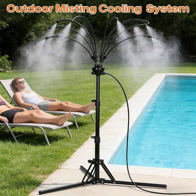 Upgraded Standing Misters for Outside Patio, Adjustable 5.3 FT Stand Misting System with 8 Heavy Duty Brass Nozzles, UV-Proof Water Mister for Outdoor Cooling, Poolside & Backyard