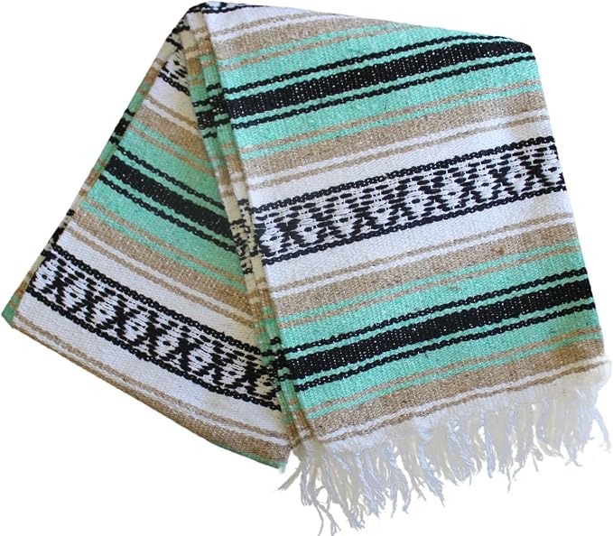 Del Mex Classic Mexican Blanket, Large Authentic Woven Falsa Throw (70"x50"), Artisan Southwest Décor for Beach, Yoga, Outdoors (Mint/Tan)