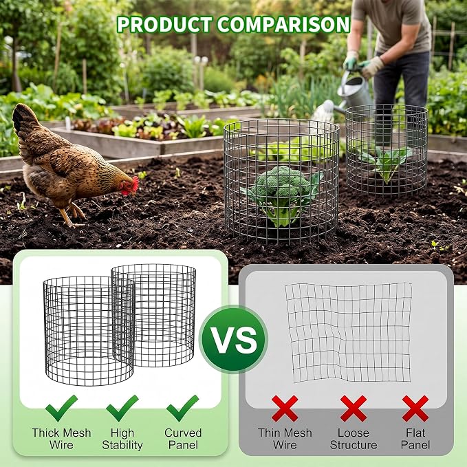 PASARA 6 Pack Plant Protectors from Animals, 13 Inch Round Cloche Plant Cages with Sturdy Chicken Wire Mesh, Garden Cages to Keep Animals Out for Vegetables & Flowers, Includes Support Stakes