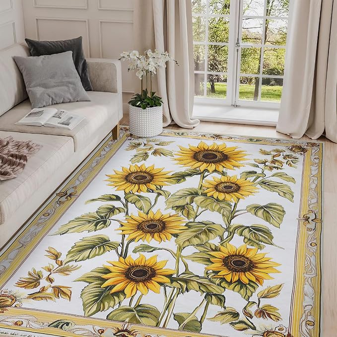 5x7 Sunflowers Flower Area Rugs Boho Floral Botanical Yellow Rug for Living Room Indoor Soft Non-Slip Thin Carpet Modern Abstract Rugs for Dining Room Office Bedroom Under Table Washable Machine