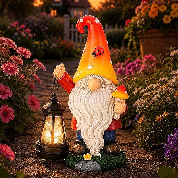 Solar Mushroom Gnome Garden Decor: Outdoor Sculpture with Lantern | IP65 Weatherproof for Yard Balcony Porch Lawn Birthday Gifts for Mom Women Grandma