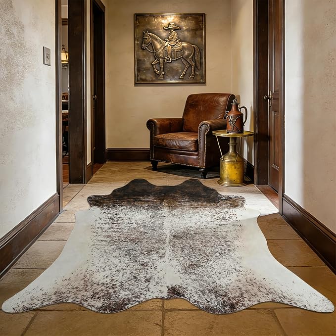 4x5 Cowhide Rug, Washable Faux Brown and White Hide Area Rugs for Bedroom, Southwestern Odd Shape Animal Print Carpet for Under Coffee Table Nursery, Faux Cowhide Fabric Decor