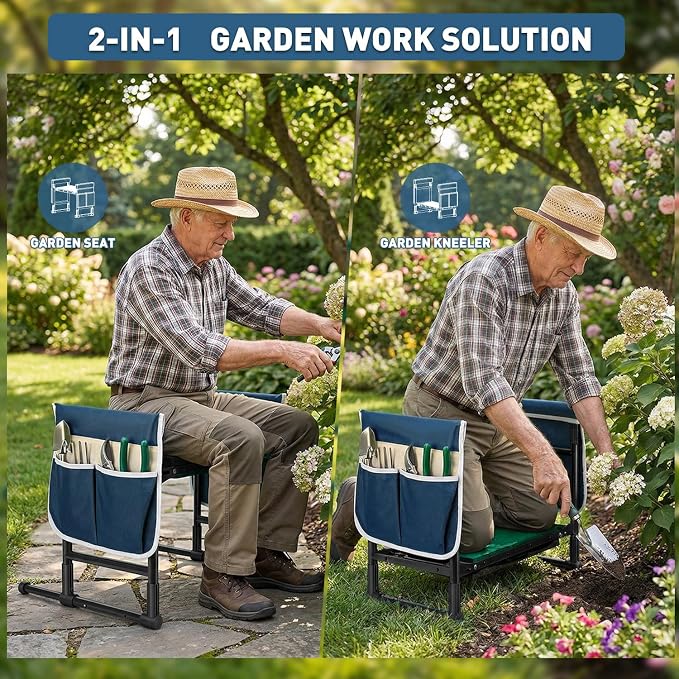 Garden Kneeler and Seat for Seniors – Heavy Duty Anti-Tip Gardening Stool with Widened Thick Soft Kneeling Pad, Foldable Garden Bench with Sturdy Handles, Gardening Gifts for Women Men Mom (Blue)