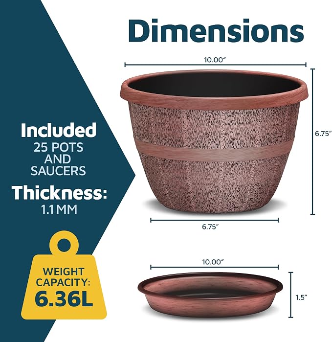 10-Inch Whiskey Barrel Planters Outdoor Pack of 25 - Durable Plastic Plant Pots for Indoor & Outdoor Use with Drainage & Saucer, Lightweight Rustic Barrel Planters for Flowers, Herbs & Small Plants