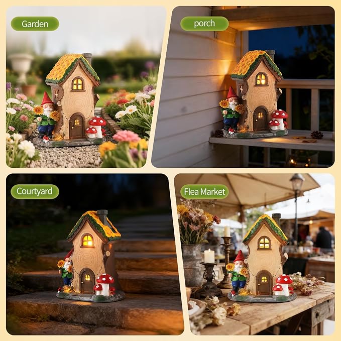 11.42" Solar Garden Gnome House Statue with Lighted Resin Fairy House | Sunflower and Mushroom Decor for Patio, Yard, Porch, Entryway and Balcony, Charming Garden Sculpture Gift for Mom and Grandma