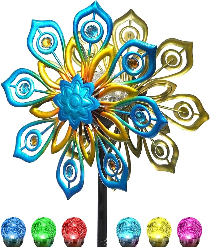 63" Solar Wind Spinners Outdoor, 13" Metal Kinetic Garden Art Decor | Artisan Hand-Crafted,Weather-Resistant,Heavy-Duty,Whisper-Quiet Bearings,Auto-Glow Solar Crackle,Stable 5-Prong Ground Stake