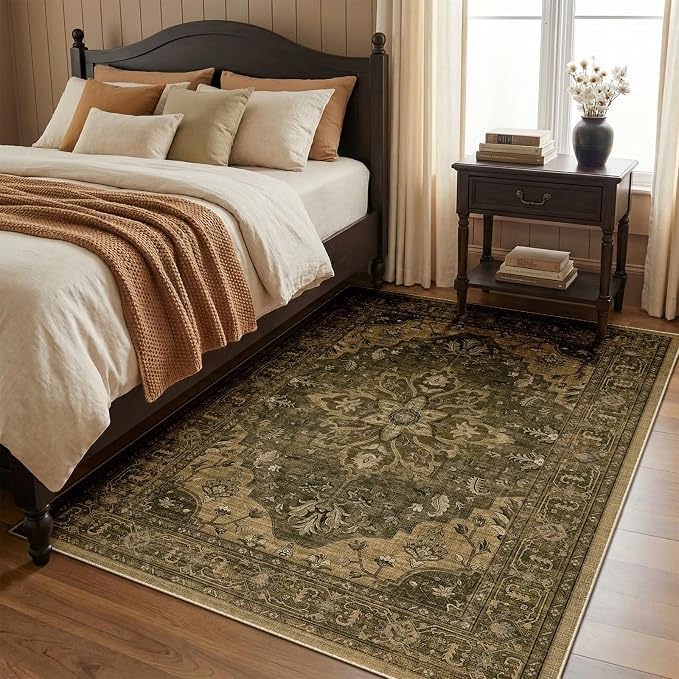 RELEANY Washable Area Rug, 4'x6', Brown/Dark Brown | Non-Slip, Water Repellent, Pet Friendly, Easy to Clean, Vintage Floral Boho Decor for Living Room Bedroom Kitchen Office