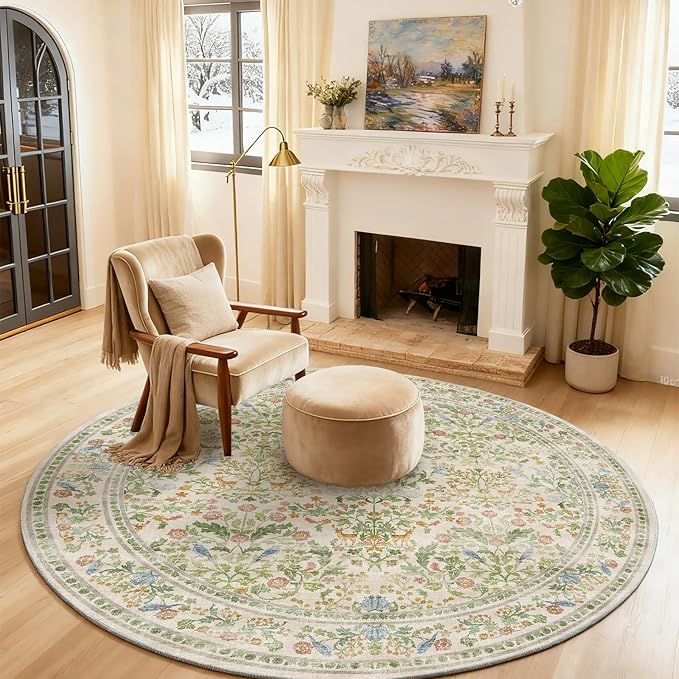 Washable Round Rugs for Bedroom 4ft: Living Room Rug Stain Resistant Non Slip Low Pile Ultra Soft Faux Wool Small Circle Rugs for Kitchen Entryway Nursery Dorm Home Office Bathroom Entrance Indoor