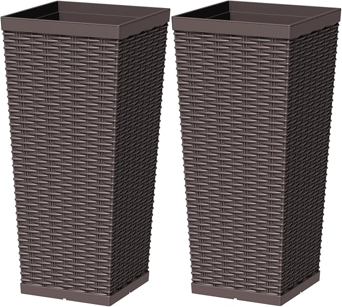 Greesum 23 Inch Tall Plastic Planters (Set of 2), Large Outdoor Flower Pots with Detachable Inner Pot & Drainage Holes for Plants, Trees, Patio, and Garden, Brown
