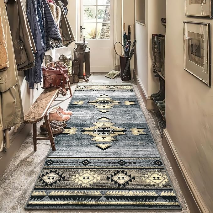 BENRON Western Hallway Runner Rug 2x6, Long Runners for Kitchen, Grey | Southwest aztec Rug, Accent and Tribal Throw Rugs for Bedroom, Washable