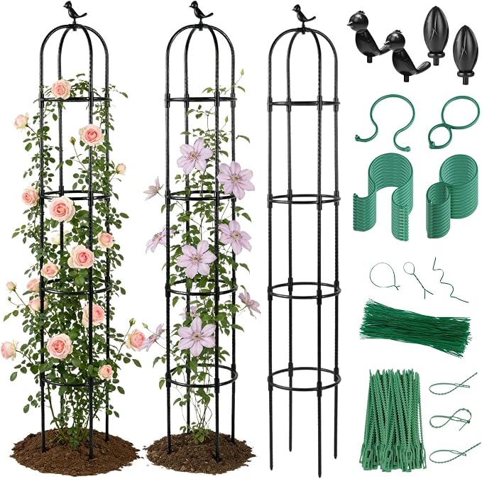Lancisism Garden Obelisk Trellis for Climbing Plants Outdoor - 2 Pack 6.3 Ft Plant Support Round Trellis for Potted Plants Indoor - Rustproof Plastic Coated Tomato Cage for Vines Flowers Vegetable