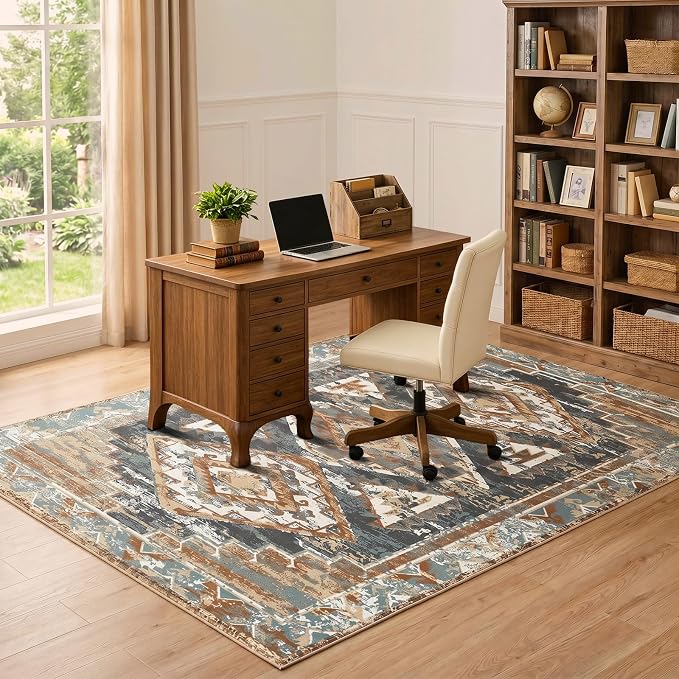 Washable 5x7 Area Rug for Living Room, Rustic Farmhouse Low-Pile Non-Slip Carpet, Stain Resistant Vintage Southwestern Rug for Bedroom Office Dining Room, Blue Rust Ivory