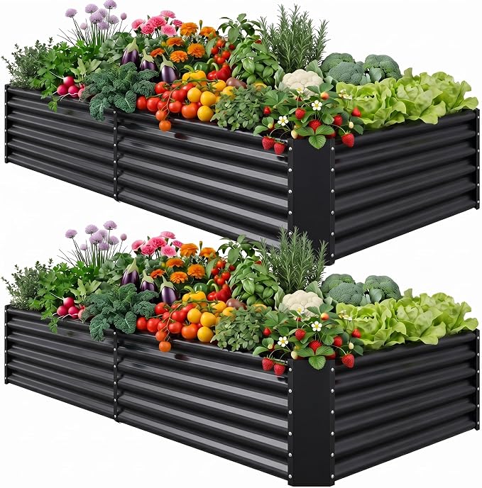 AHEONLAR 2 Pack 8×4×1.5ft Galvanized Raised Garden Beds Outdoor, Rectangle Sturdy and Durable Planter Boxes for Vegetables, Fruits, Flowers and Plants, Easy Assembly, Black
