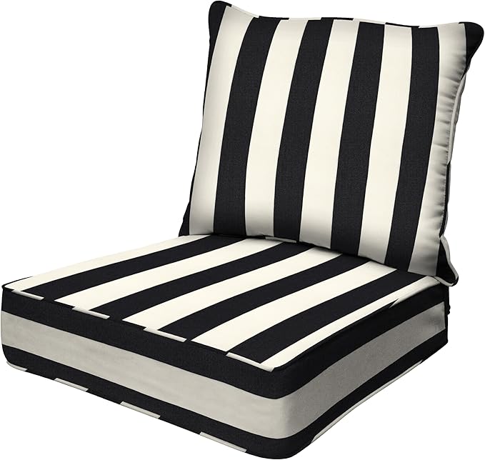 Honeycomb Outdoor Heritage Deep Seat, 24 x 23, Cabana Stripe Black and Ivory Chair Cushion with Removable Cover, for Patio Furniture