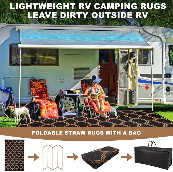 Alfolo 9x12 Outdoor Rug for Patio & RV Camping - Waterproof Plastic Straw Mat with Corner Loops & Carry Bag - Reversible, UV Fade-Resistant & Easy to Clean (Black/Brown)