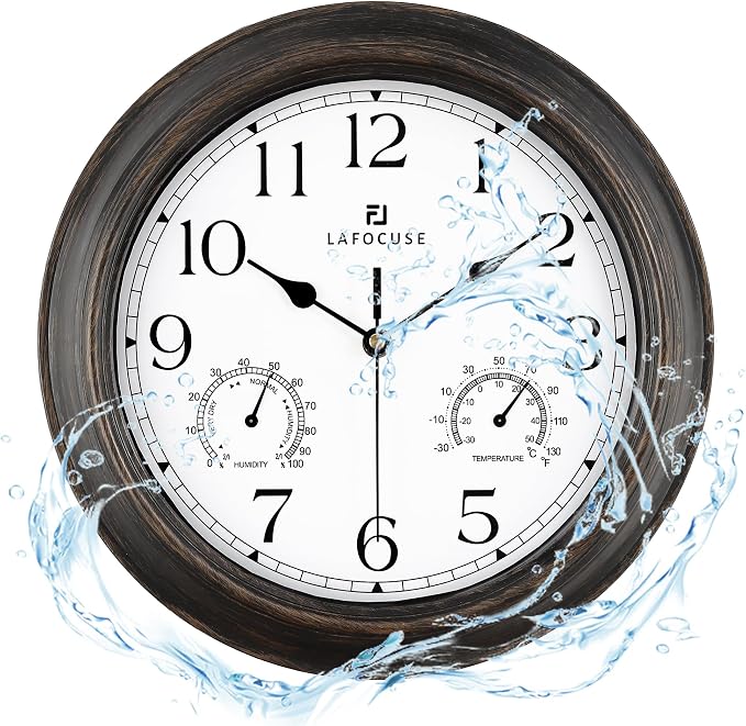 Lafocuse 12 Inch Brown Outdoor Clocks Waterproof for Patio Pool Bathroom | With Thermometer Combo and Hygrometer, Vintage Rustic Weather Outside Clock for Garden Garage Porch Kitchen, Silent, Accurate