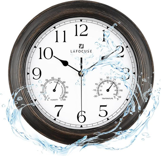 Lafocuse 12 Inch Brown Outdoor Clocks Waterproof for Patio Pool Bathroom | With Thermometer Combo and Hygrometer, Vintage Rustic Weather Outside Clock for Garden Garage Porch Kitchen, Silent, Accurate